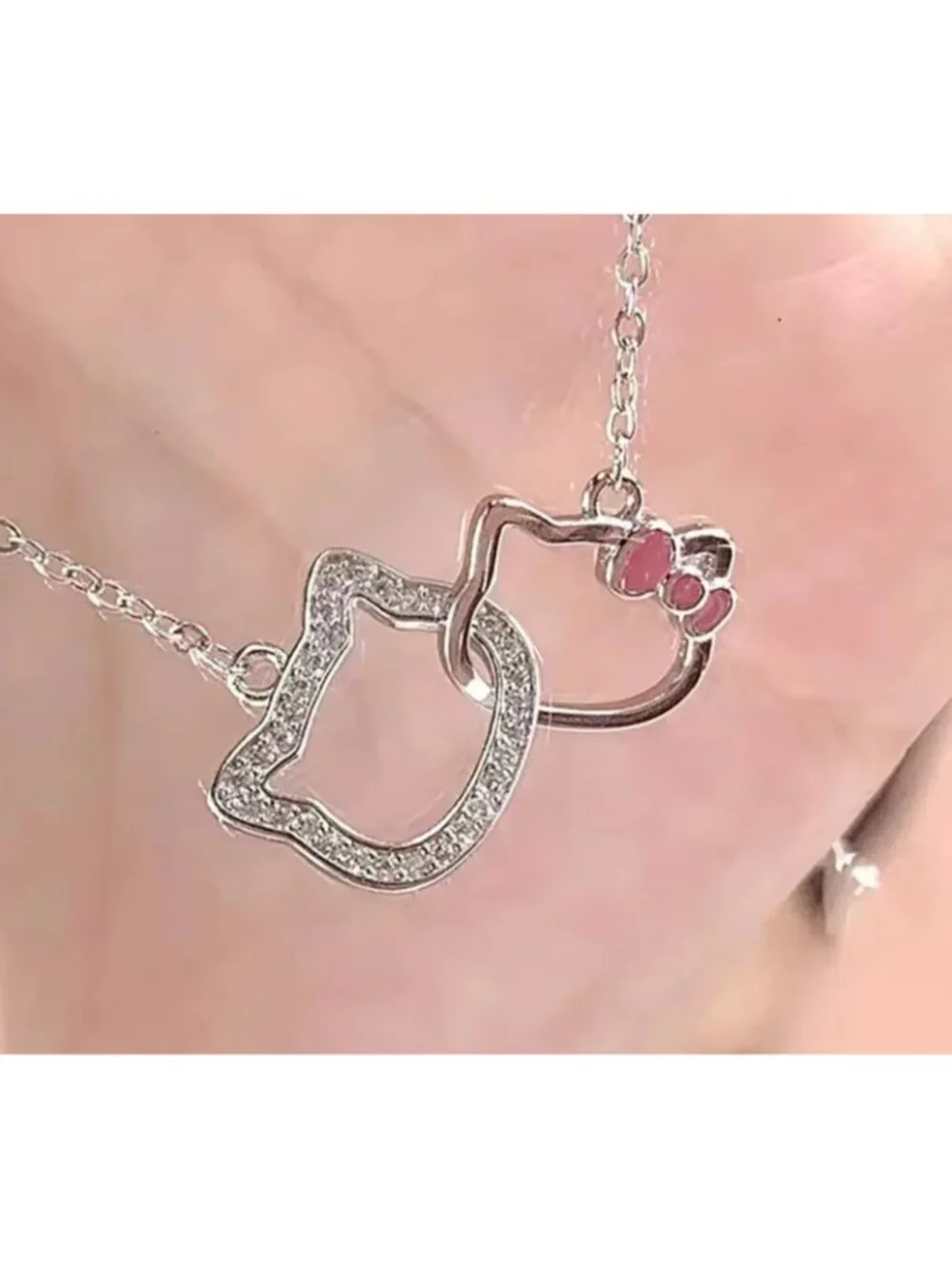 Hello Kitty Double Pendant Ring Necklace Anime Clavicle Chain Pendant Bow Charm